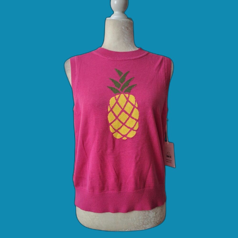 Free Assembly Women Pink Knit Sweater Vest Top Novelty Cotton Travel Tropical L